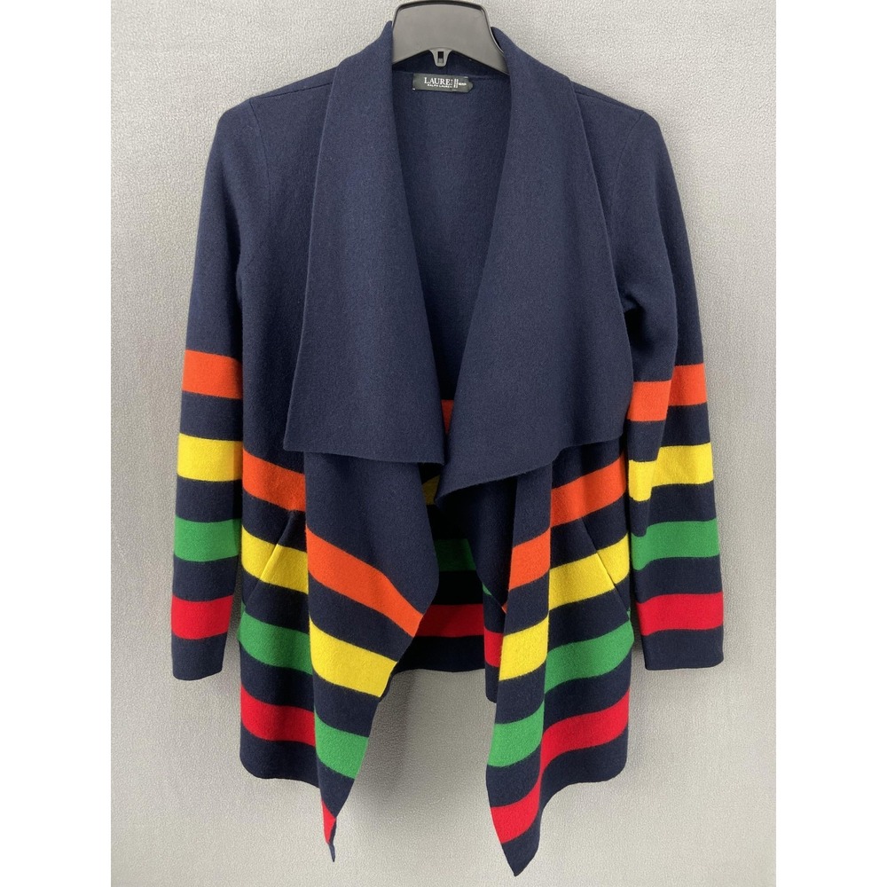 Lauren Ralph Lauren Cardigan Womens Medium Navy Rainbow Stripe Open Front Wool
